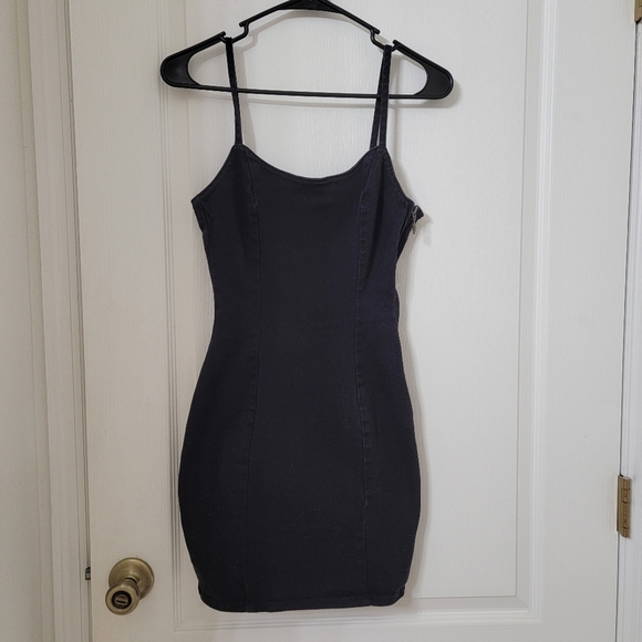 H&M Divided Size XS Washed Black Spaghetti Strap Bodycon Denim Jean Dress - Picture 1 of 12